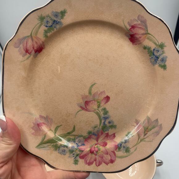 Vintage Quadro Crooksville Pink Floral Double-Handled Cup & Small Plate set of 2 - Picture 4 of 8